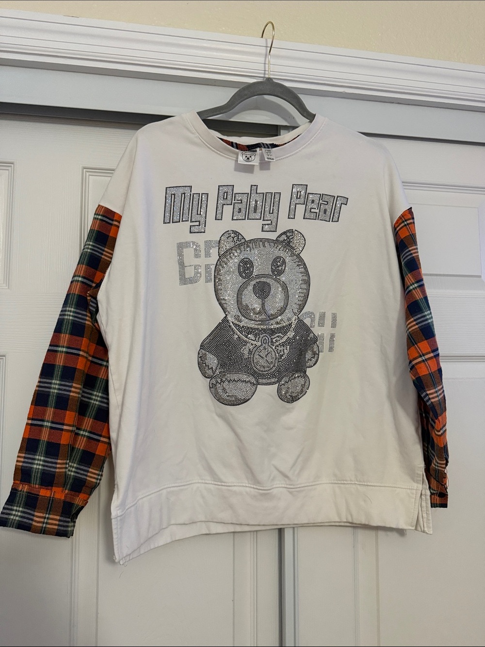 Moschino White Sweatshirt with Orange & Navy Plaid Sleeves
